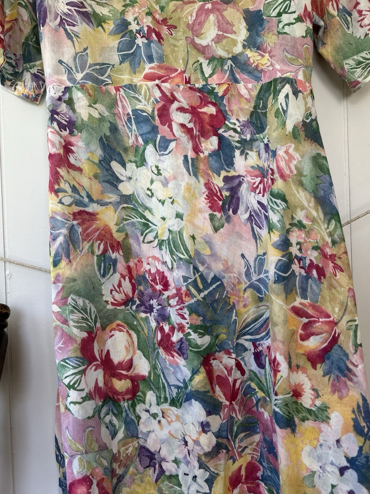 Vintage 90s Watercolor Floral Maxi Dress Sheer Chiffon Kimono Sleeve Boho M L