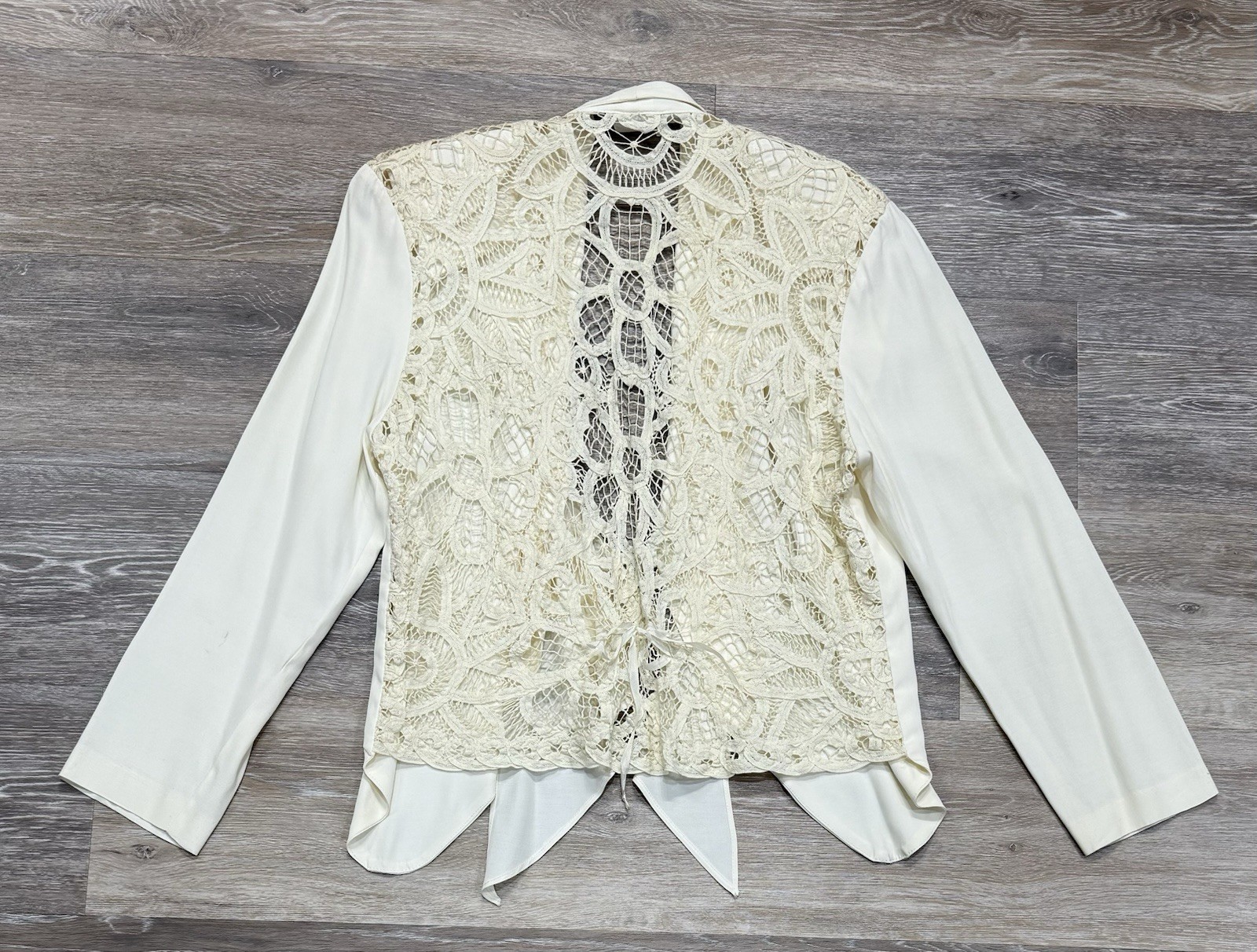 Vtg Wild Rose Jacket Battenburg Lace Back Boho Retro Fairy Ivory Nipped Waist