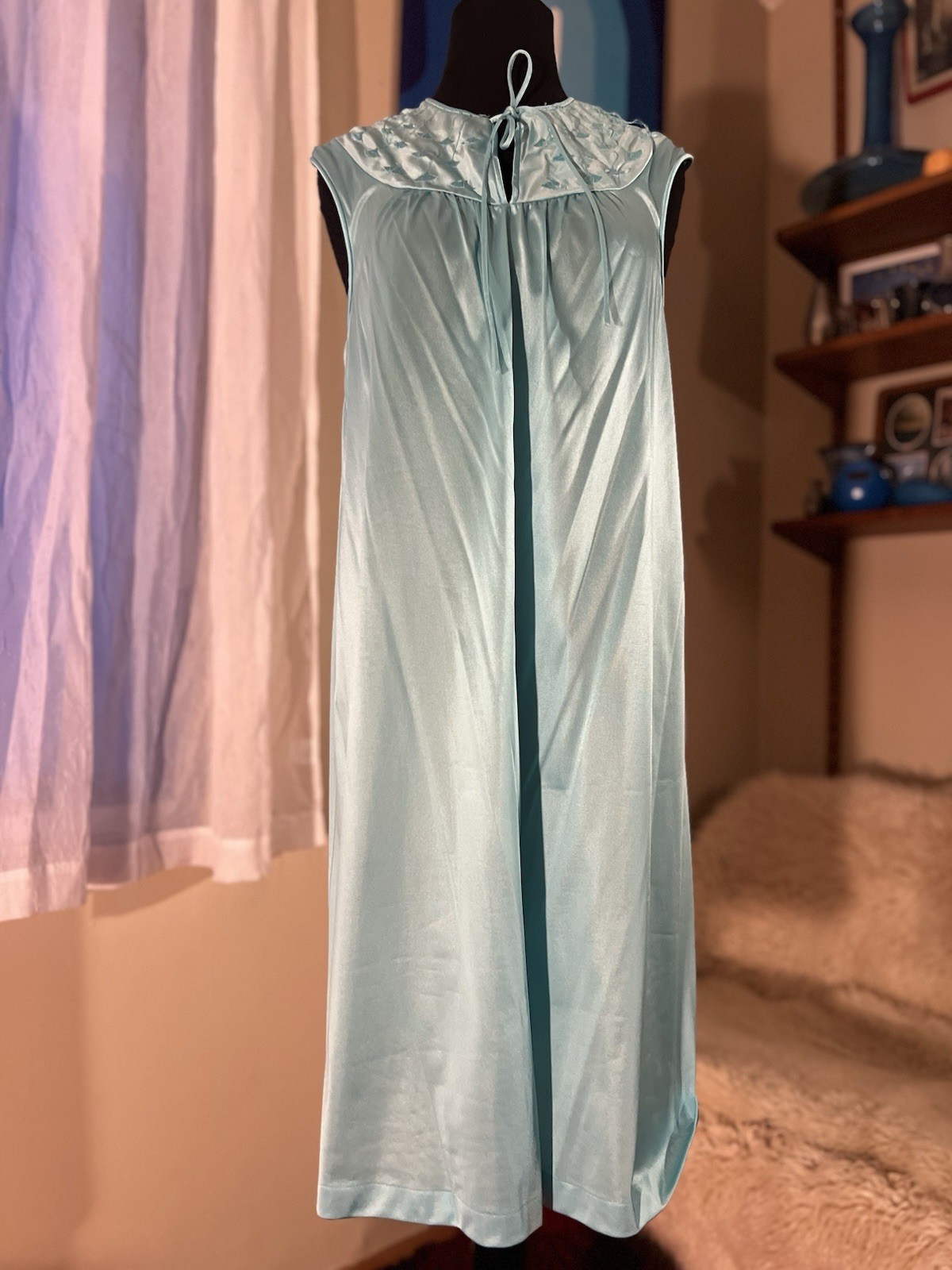 Vtg JC Penney MG Art Deco Silky Nylon Blue Slip Dress Nightgown Small USA **read