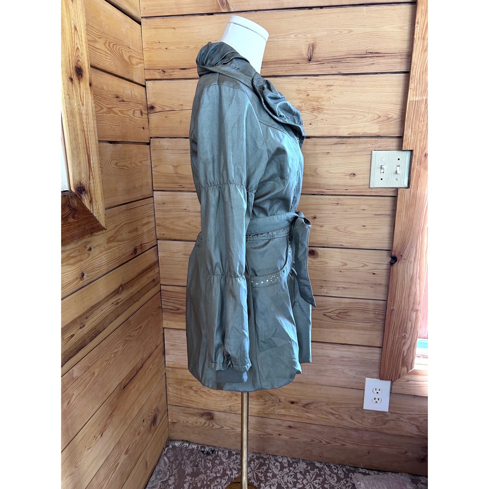 Vintage Metallic Trench Coat Womens Large Pewter Gray Samuel Dong Bubble Hem 90s
