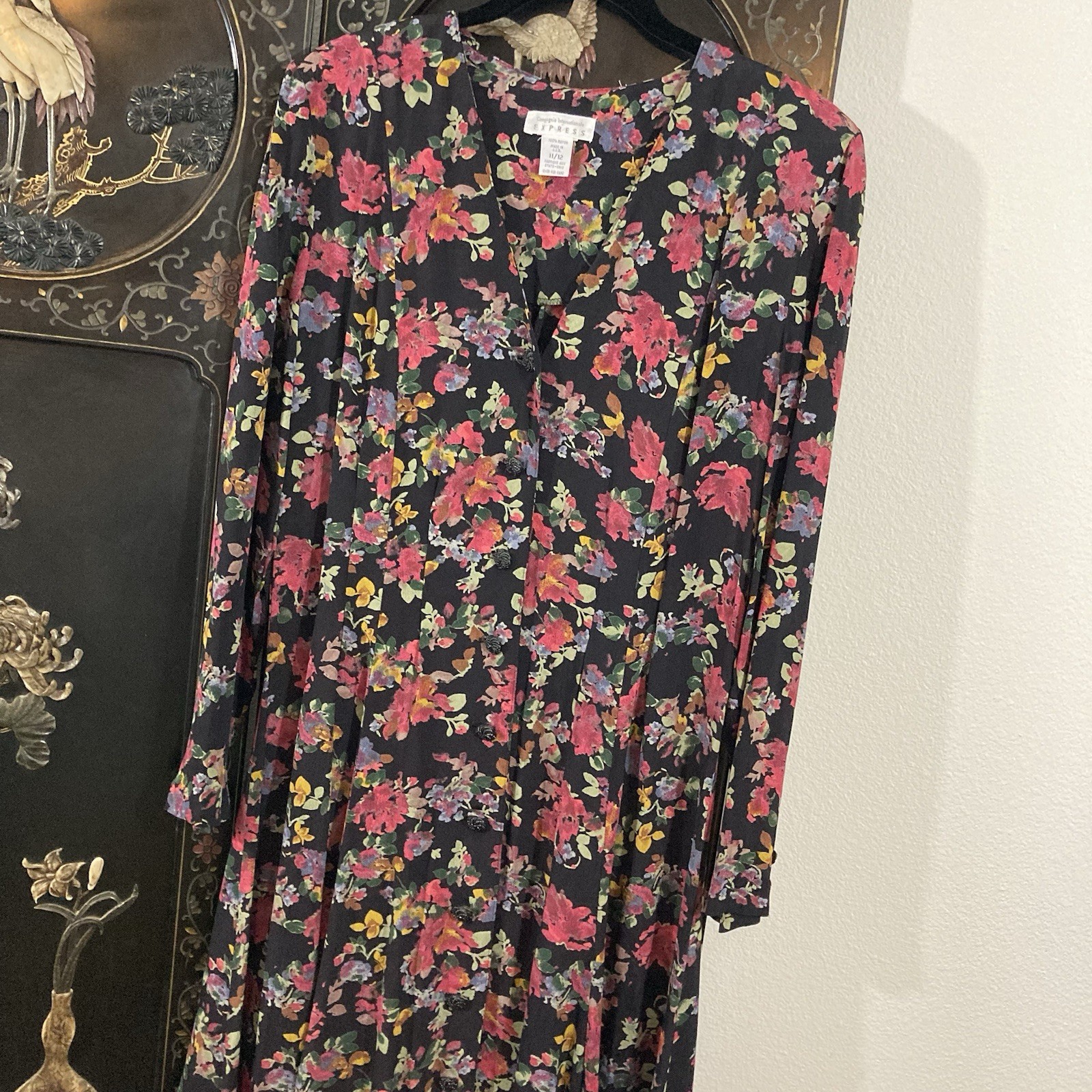 Express Compagnie Internationale Vintage 90&rsquo;s Dark Floral Long Sleeve Maxi Dress