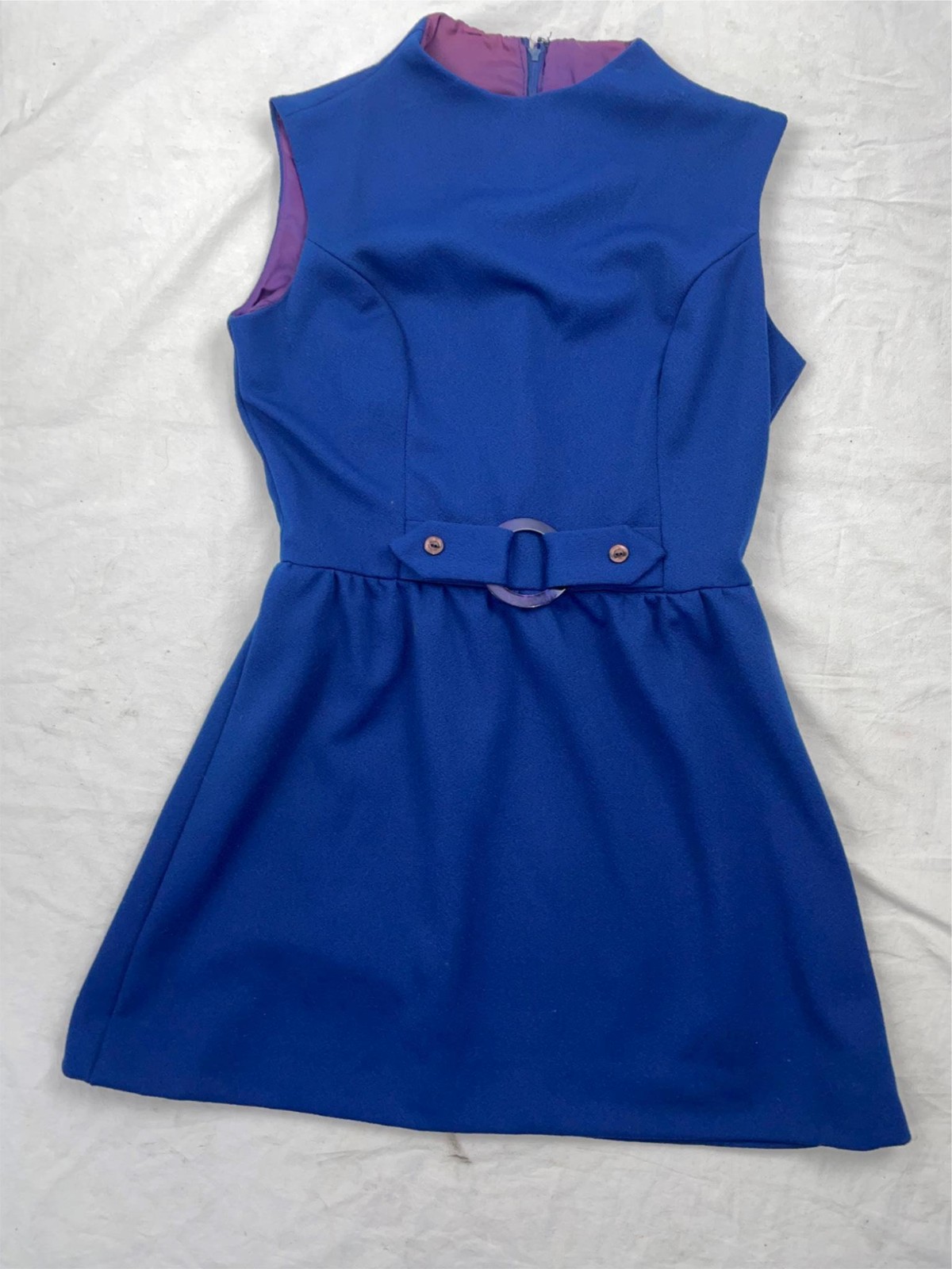 VTG 60S 70S WOMENS BLUE POLYESTER ACCENTED CINCHED BUCKLE DISCO GOGO RETRO DRESS