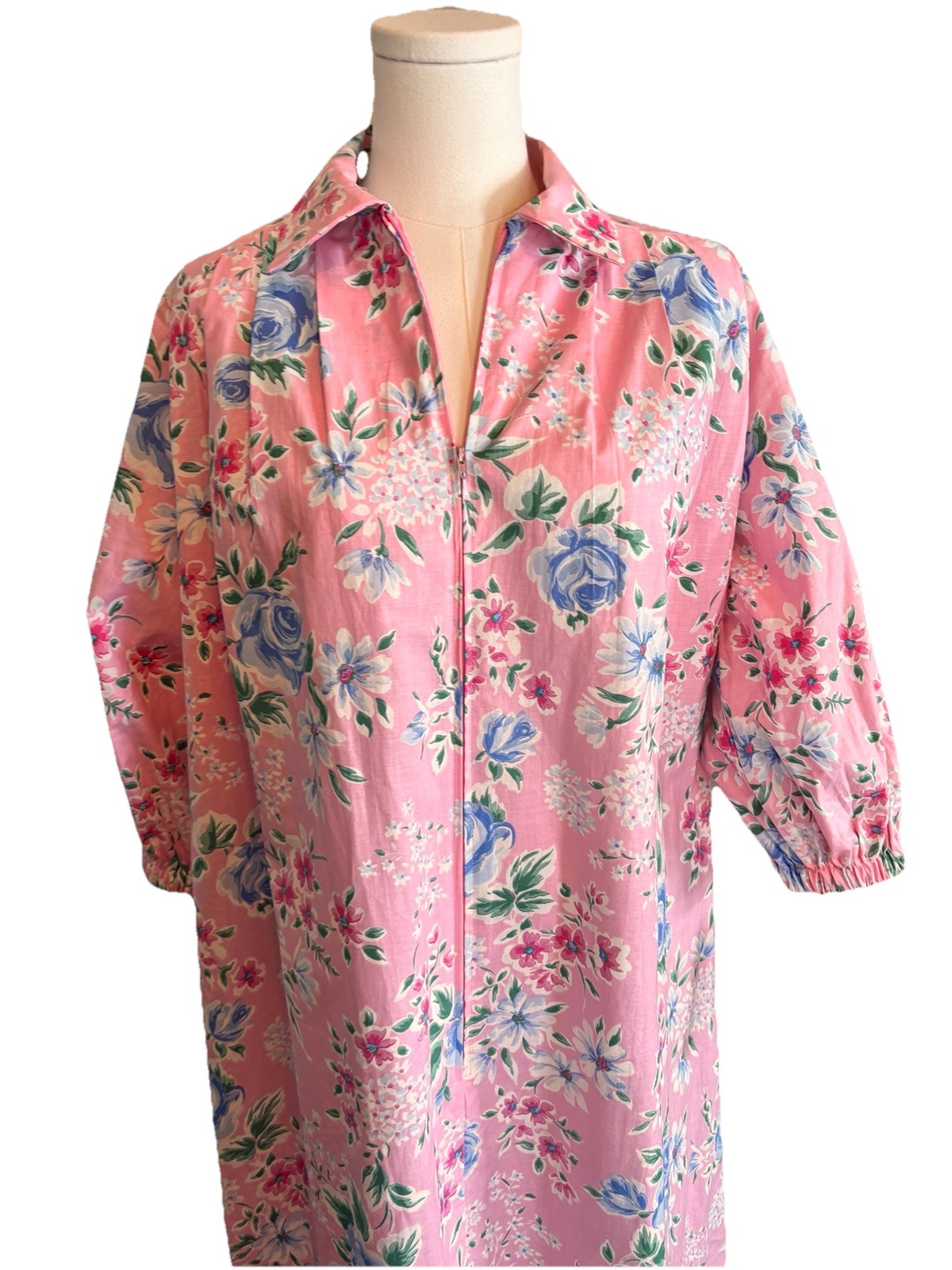 Vintage David Brown California Long Pink Floral House Dress Cotton Gown USA XS