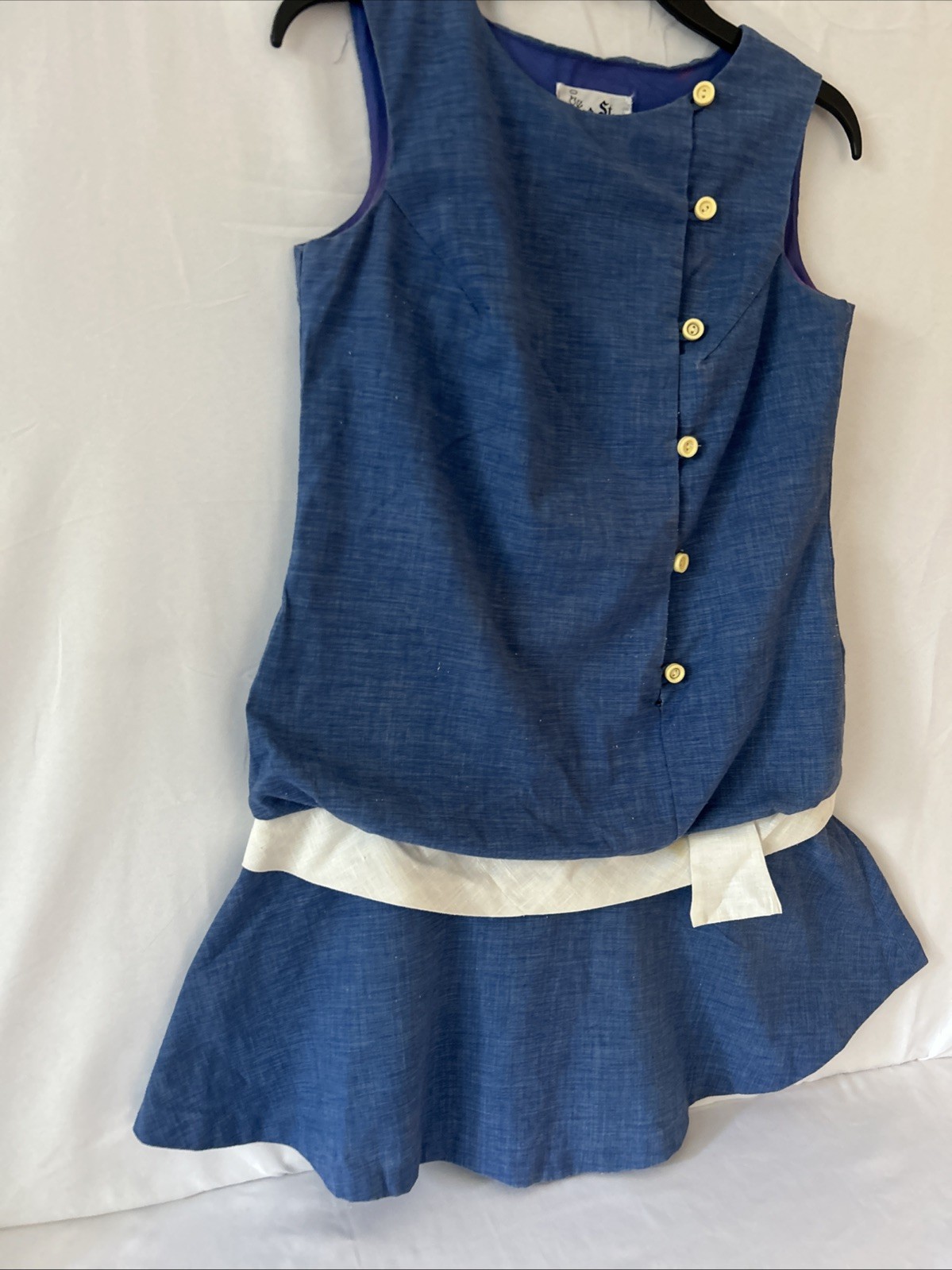 Vintage 1960 St. Roque Chambray Button Up Drop Waist Mini Shift Dress Size-S