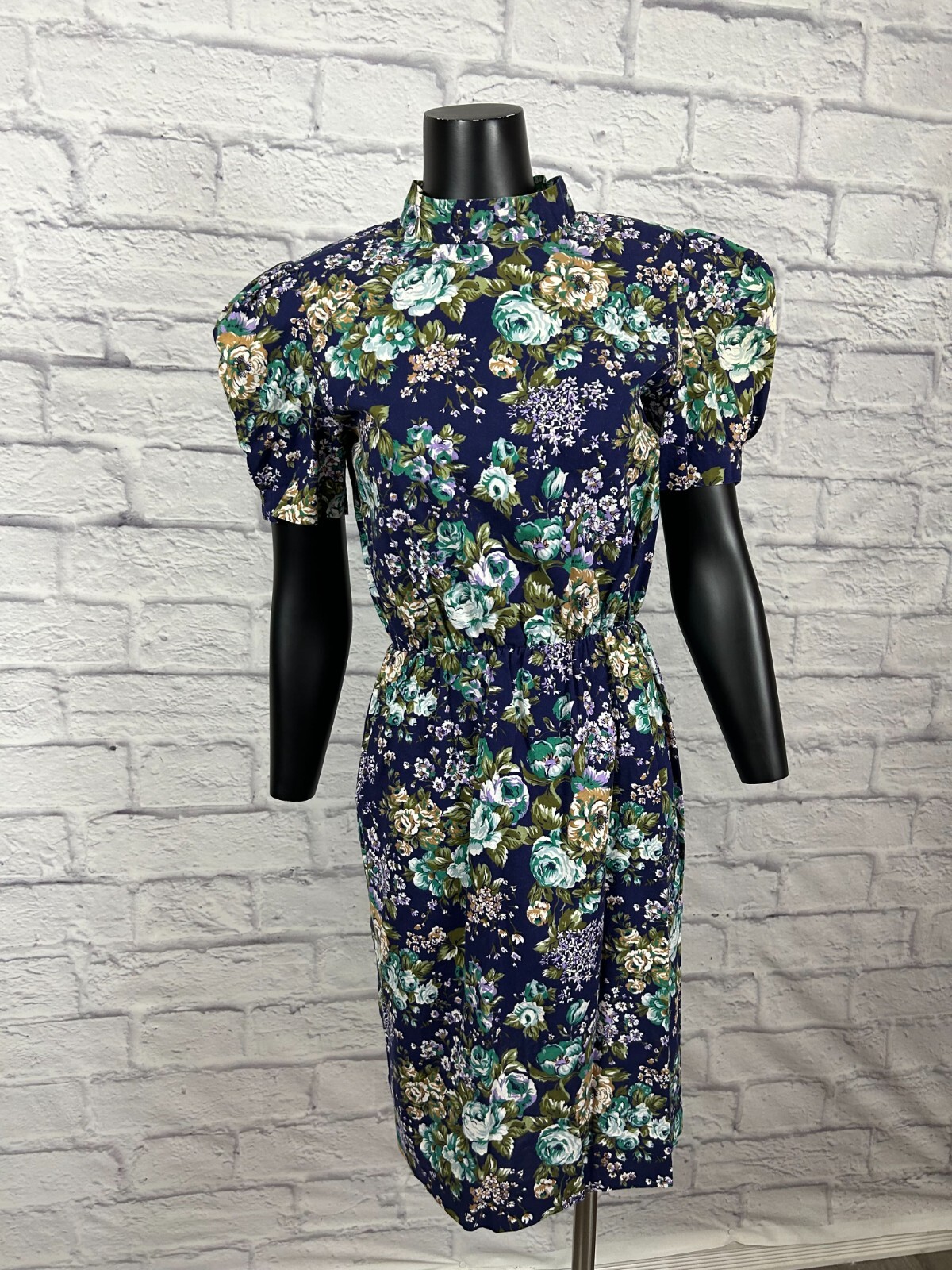 Vintage 90s High Neck Shoulder Pads Multi-color Floral Handmade Women&rsquo;s Dress