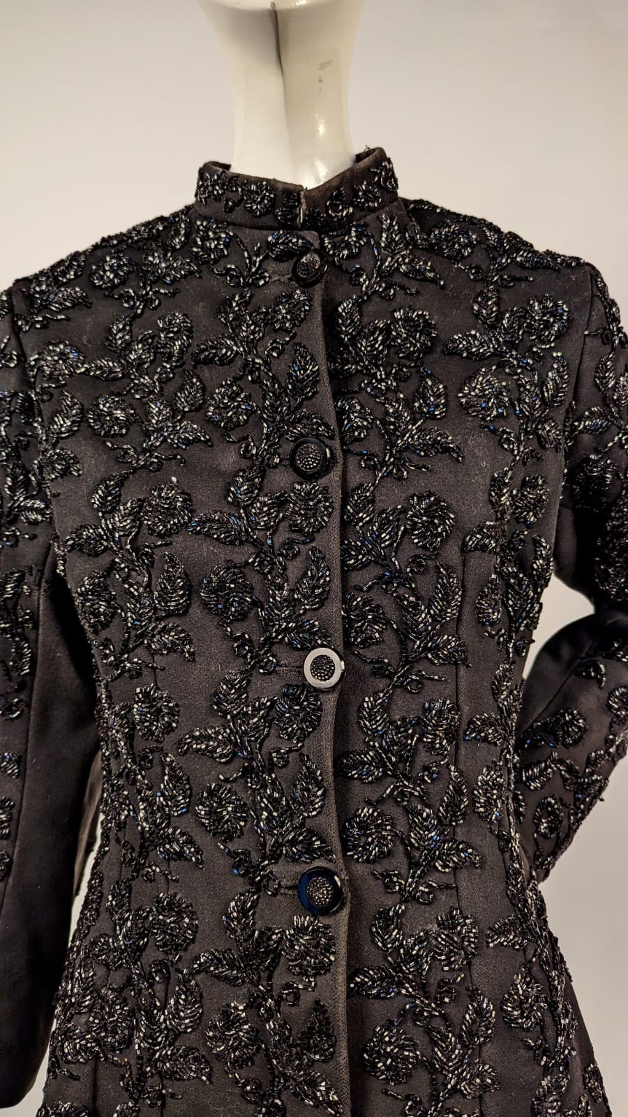 VICTORIAN 1880’S VERY HEAVY WOOL BUSTLE JACKET W FLORAL JET BEAD + FRINGE