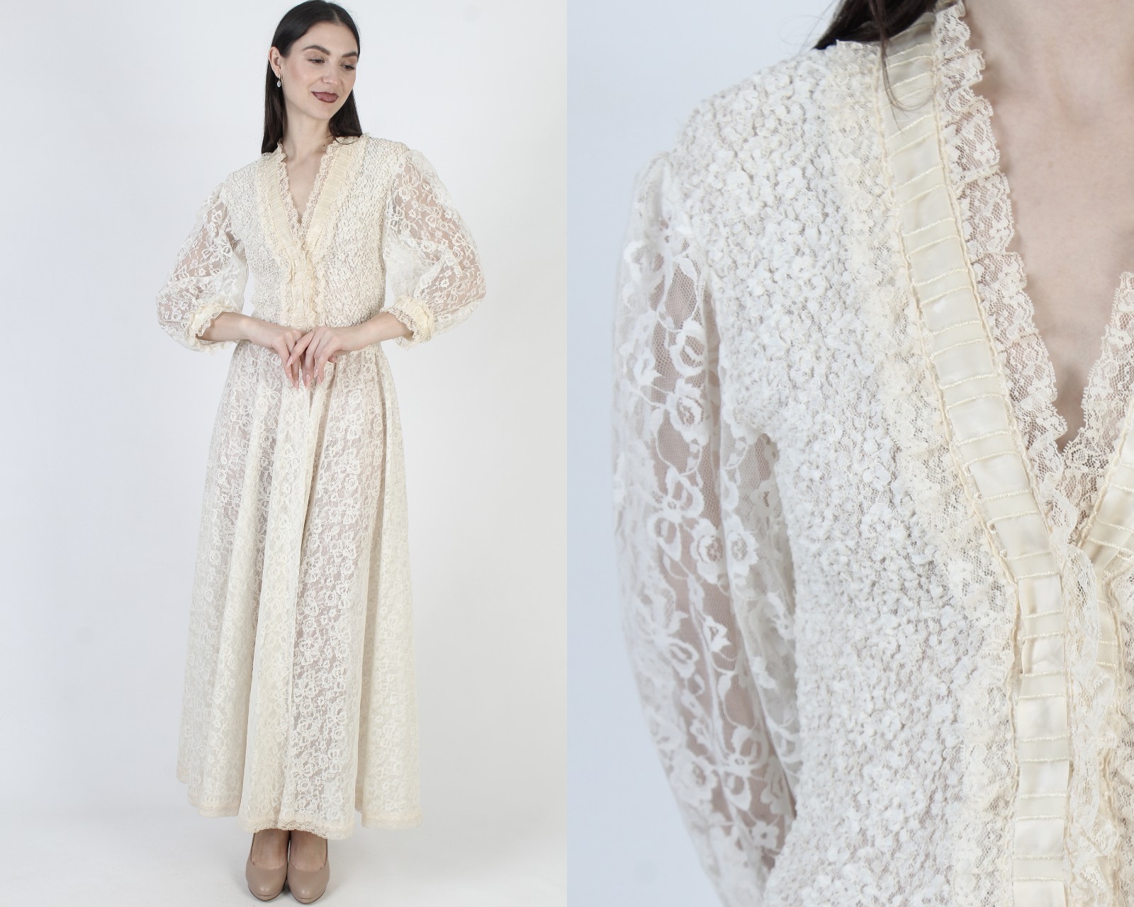 Vtg 50s Odette Barsa Nightgown Victorian Smocked Lace Evening Gown Lingerie Robe
