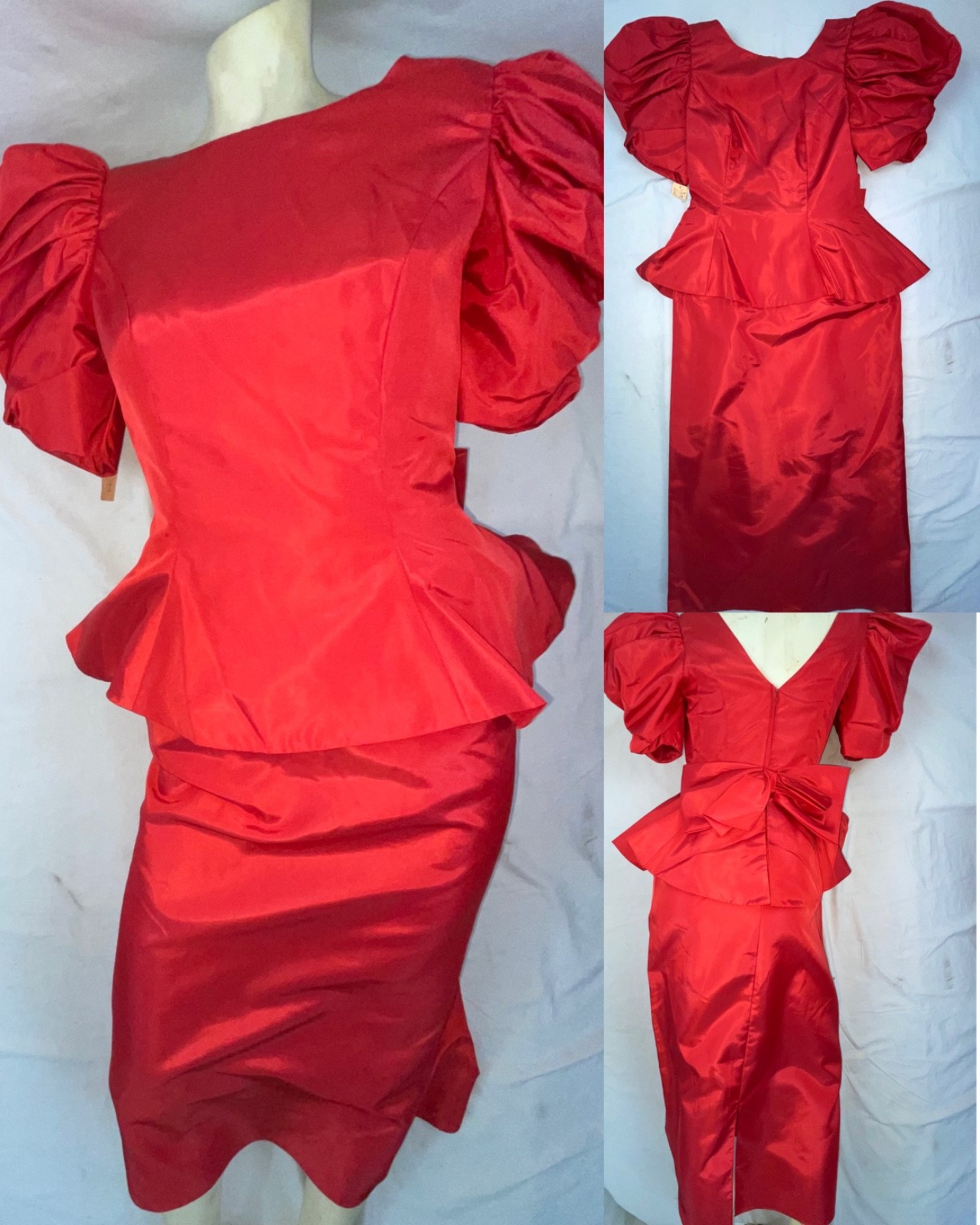 VTG 70s 80s WOMEN RED TAFFETA RETRO NEW WAVE FORMAL COCKTAIL PARTY WIGGLE DRESS