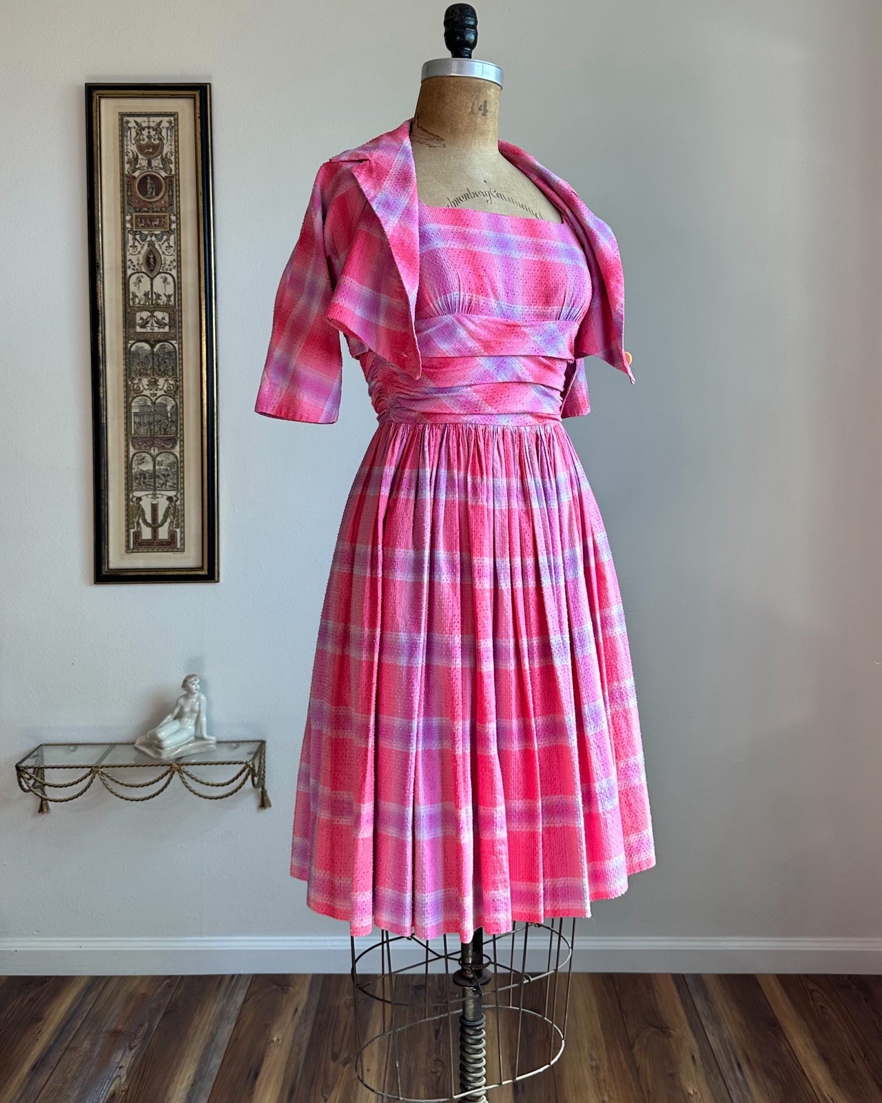 1950s Dress Bolero Set Pink Purple Plaid Vibrant Textured Cotton XS/S