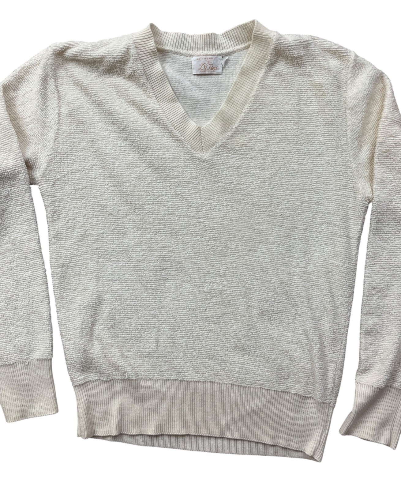 VTG 70s 80s Difini Sweater Womens Small Ivory V-Neck Solid Ribbed Minimalist