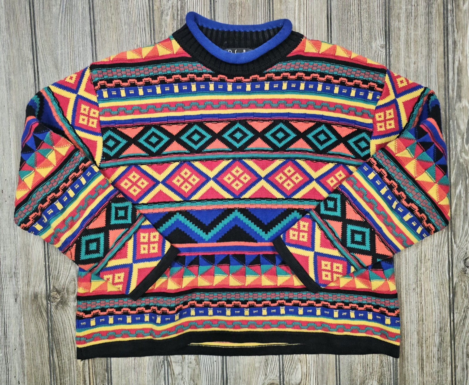 VTG 90&rsquo;s Y2K Size 3D Knit Cosby Sweater Abstract Colorful Coogi Style Boxy Fit