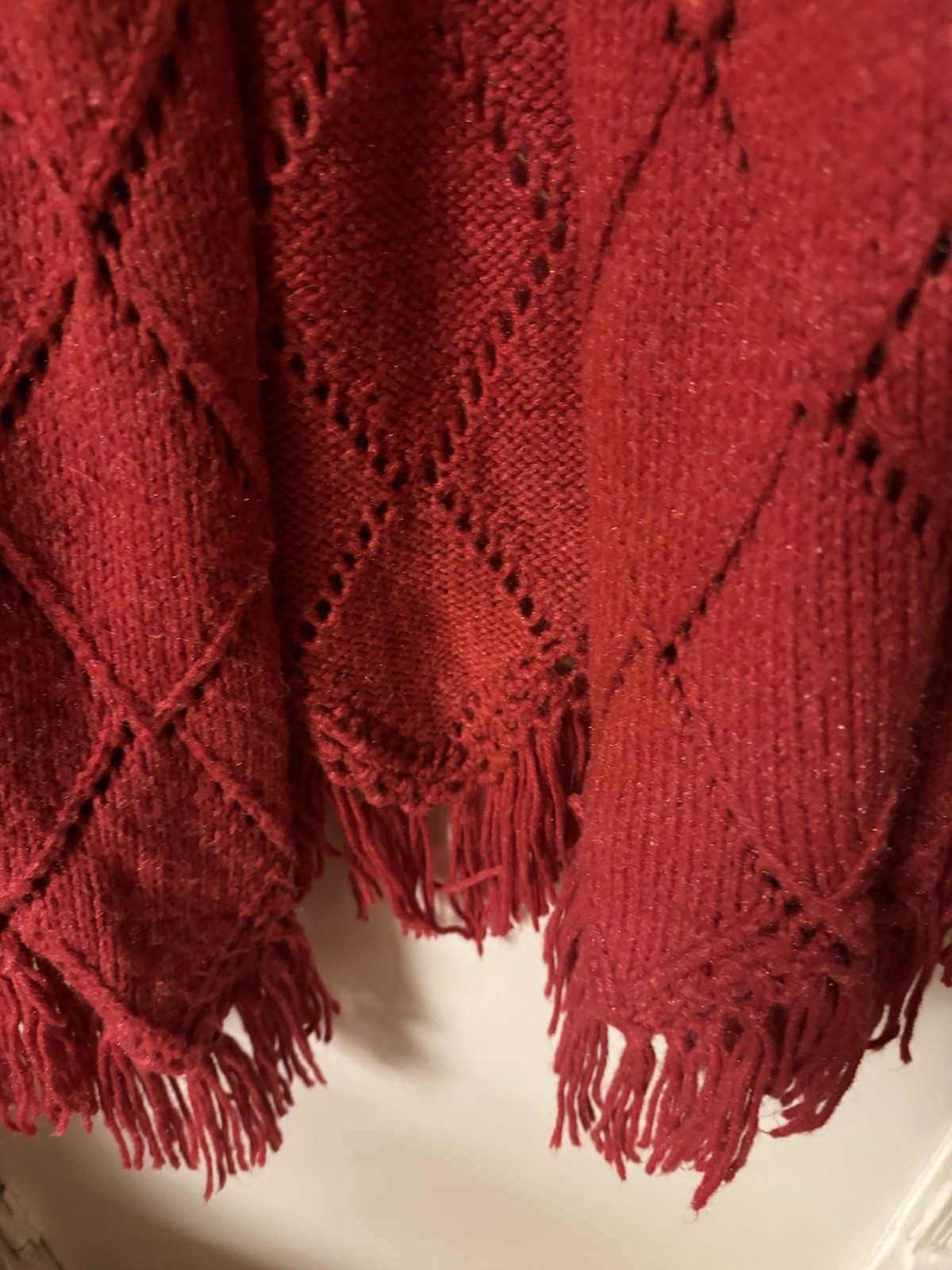 Vintage 1960-1970’s Red Hand Knit One Of A Kind Caplete With Fringe DiamondLace