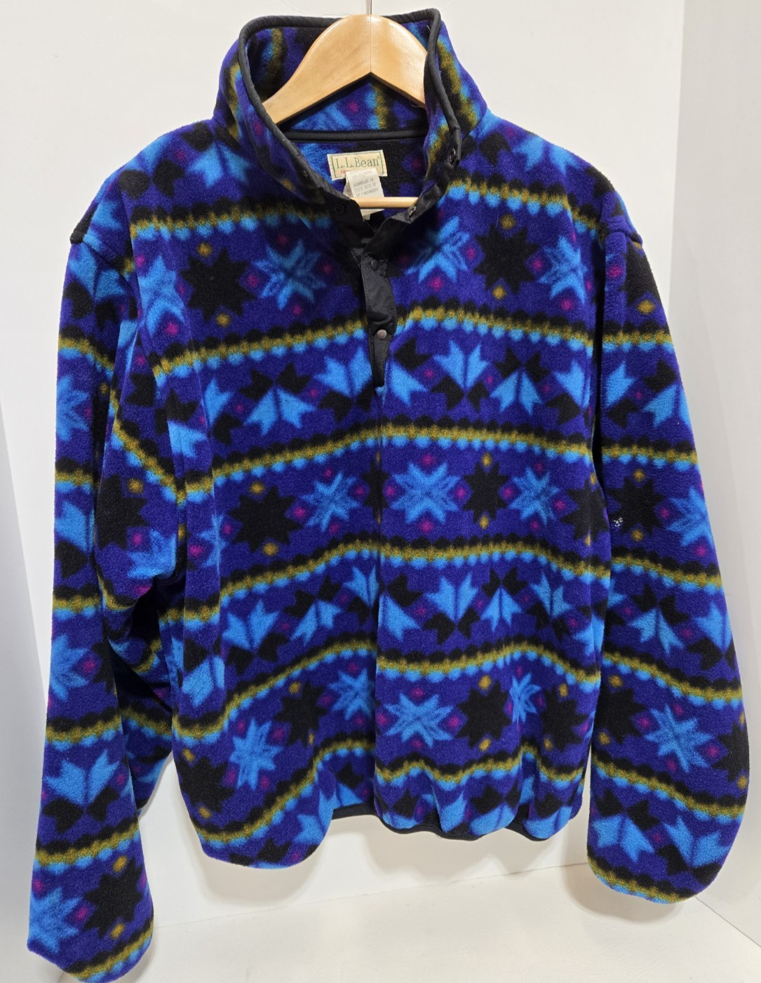 Vintage 90s L L Bean Fleece Snap Pullover Jacket Blue Geometric Mens Medium