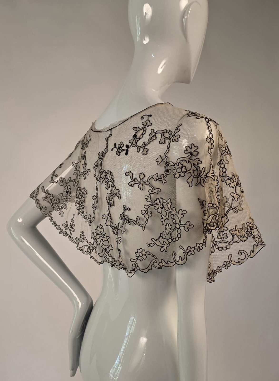ANTIQUE VICTORIAN 19TH C BLACK EMBROIDERED FLORAL TAMBOUR LACE COLLAR FOR DRESS