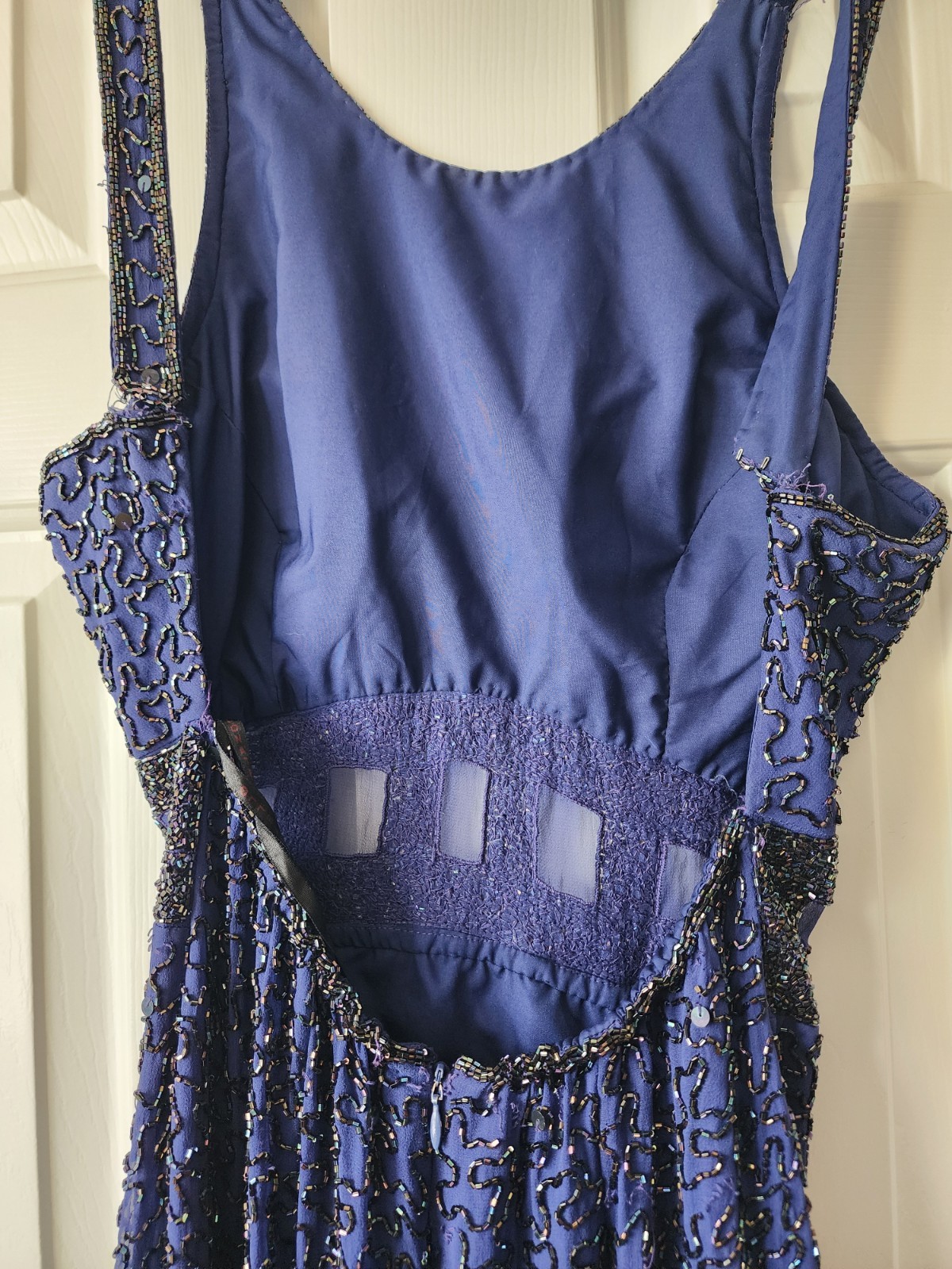 VTG Andretta Donatello Blue Beaded Formal Gown Backless Event Silk L