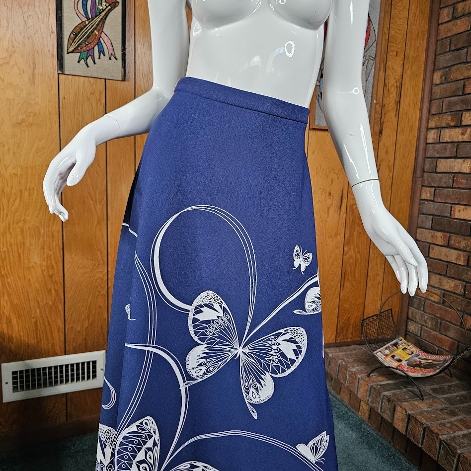 Vintage 70s Alfred Shaheen Hawaiian Butterfly Ribbon Graphic Maxi Patio Skirt M