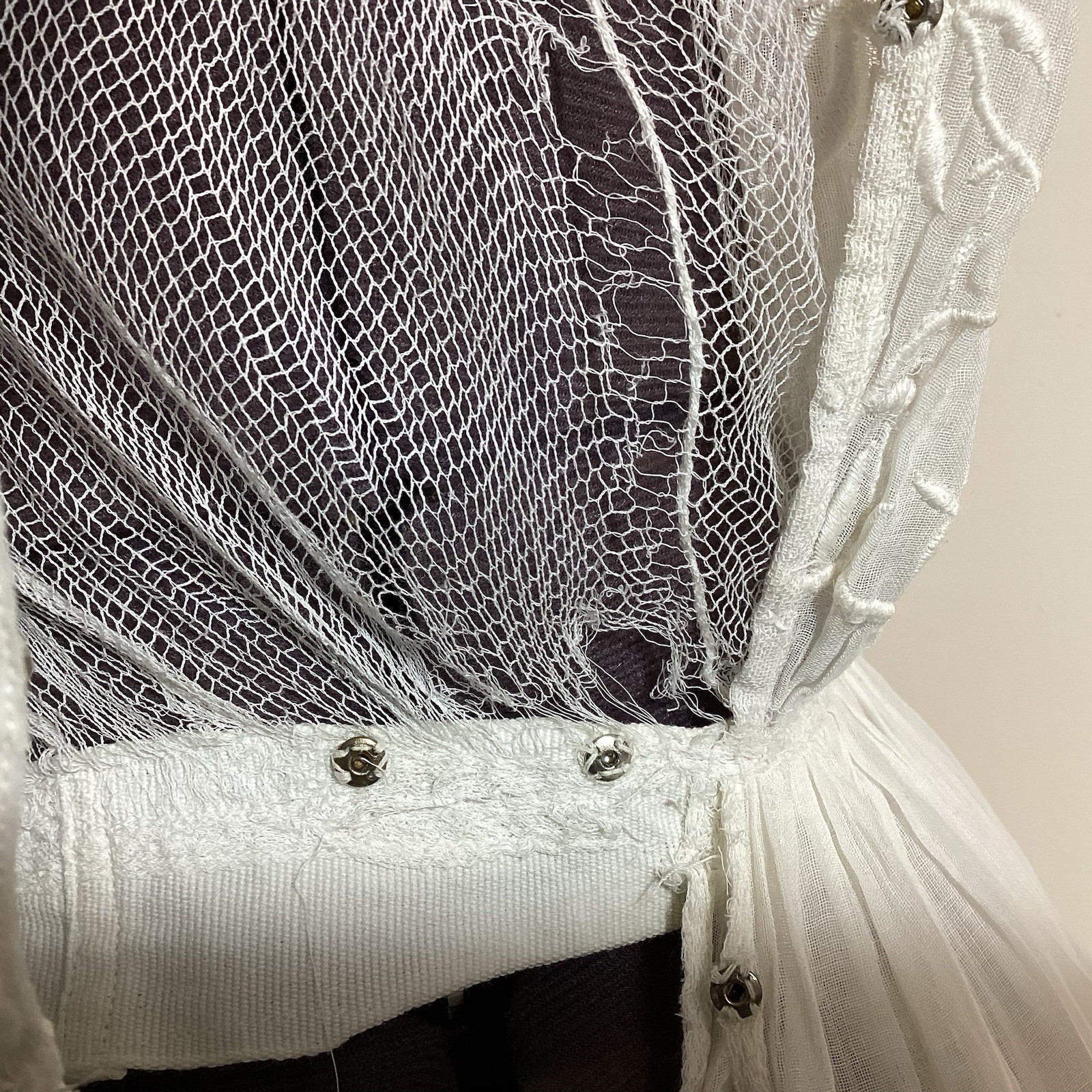 Edwardian 1910s Cotton Gauze Tea Gown Tiered Summer Dress Embroidery Mesh Ruffle