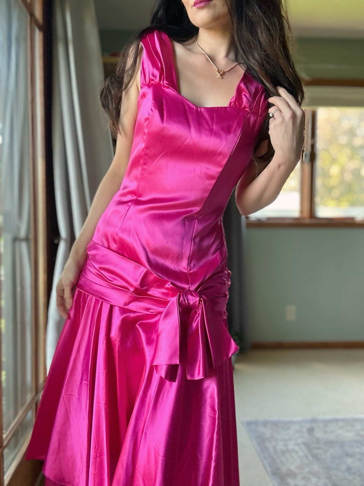 Square Neck Hot Pink Satin High Low Evening Dresses Waist Bow Party Prom Gowns