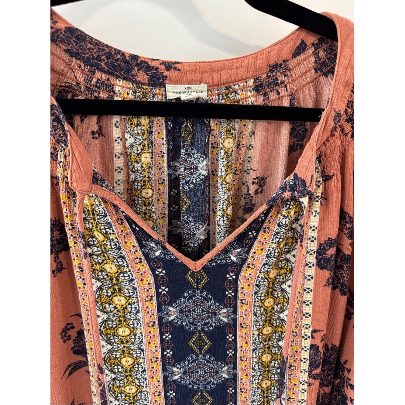 Boho Rust Floral V-Neck Peasant Blouse Navy Patterned Center Puff Sleeve Top