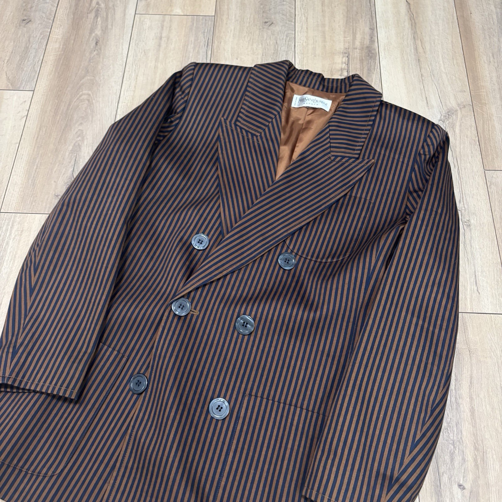 Vintage Yves Saint Laurent Encore Gold Black Cotton Blazer 22.5 in Chest France