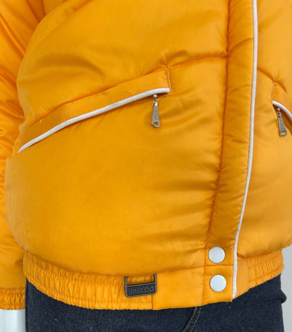 70s Speedo Puffer Jacket Size Small Zip Shawl Collar Pockets Long Sleeve Orange