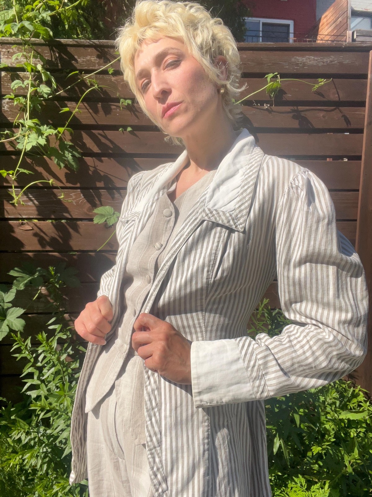 VICTORIAN PINSTRIPED LINEN Antique Walking Suit Jacket with Mutton Sleeves