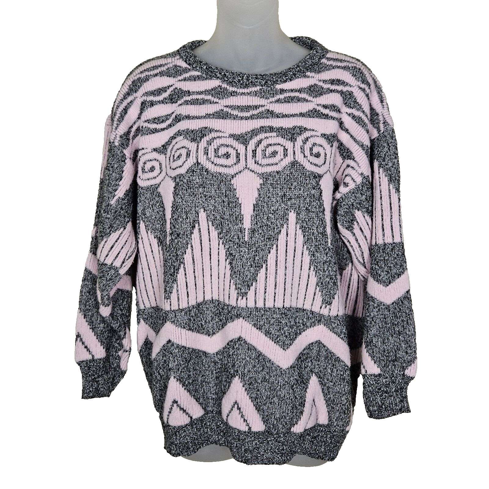 VTG 80s Adele Knitwear Sweater Men M Made in the USA Chunky Geometric Retro Pink