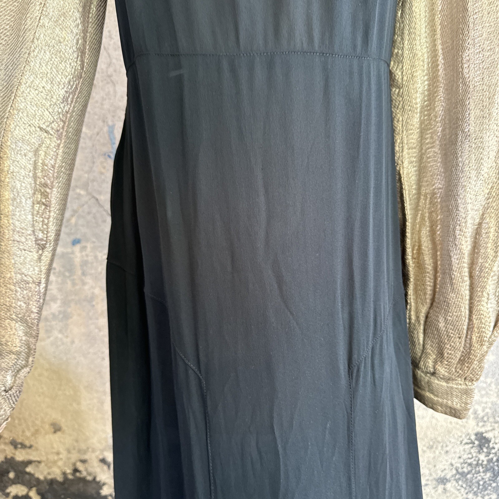 Vintage 1930s Black Silk Dress Silver Lamé Balloon Sleeves Metal Bead Accents