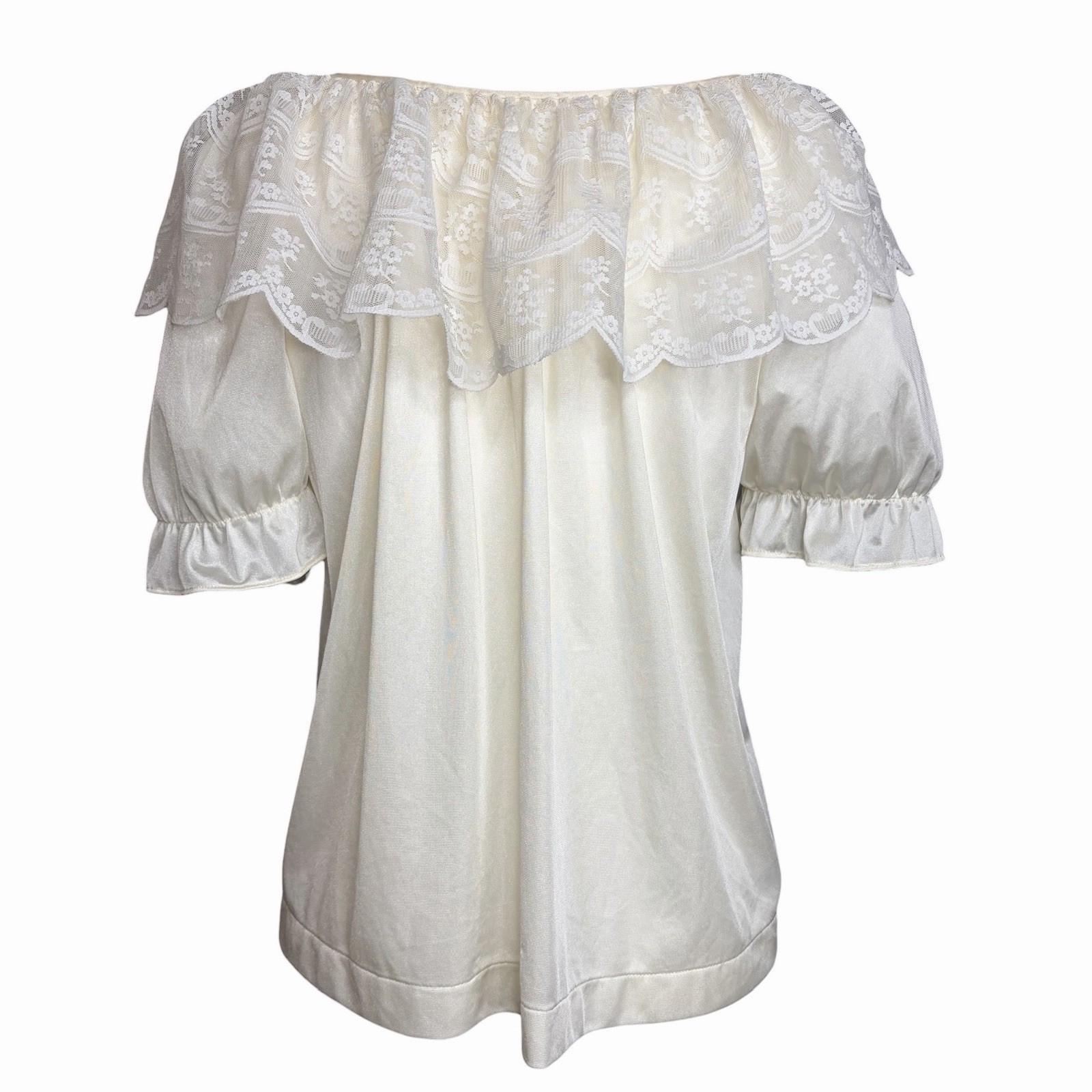 Vintage Ivory Lace Bed Jacket M Cropped Open Front Coquette Boudoir Nylon Top