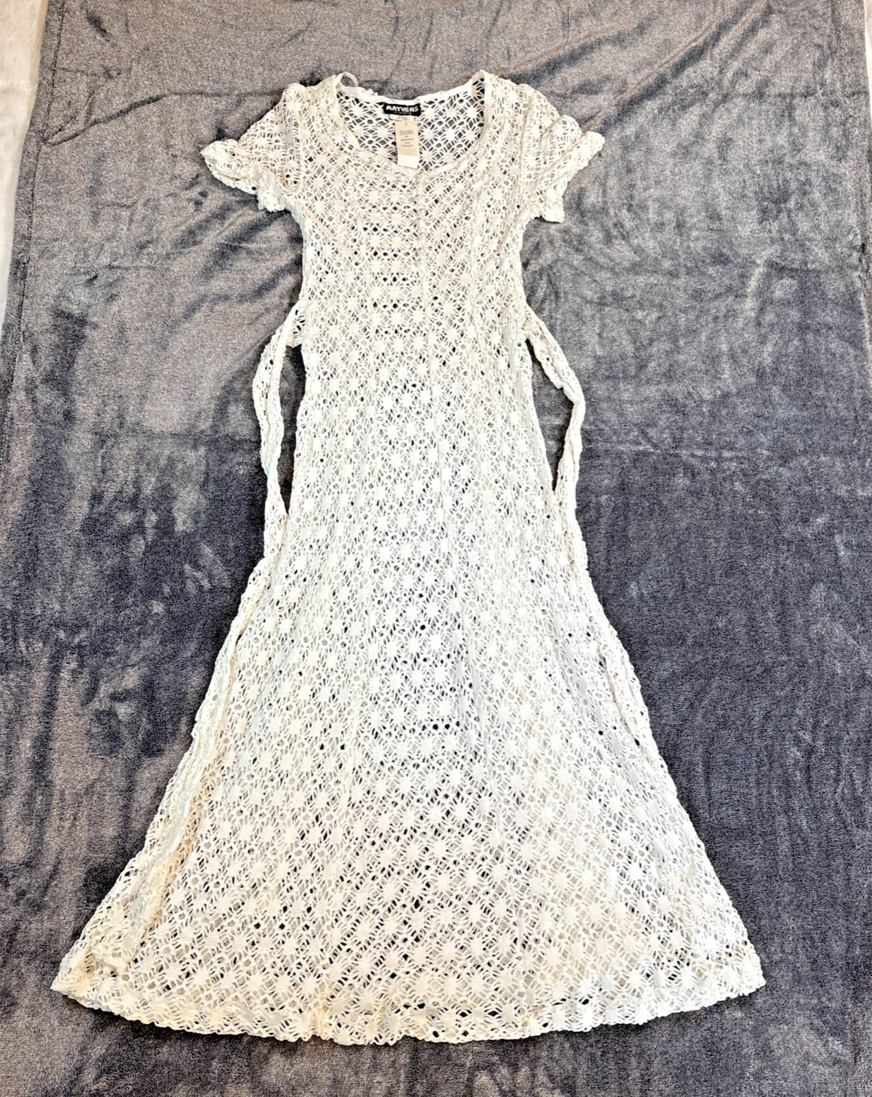 Vtg NOS Mayvens of California White Crochet Lace Dress USA Maxi 70s Medium Boho