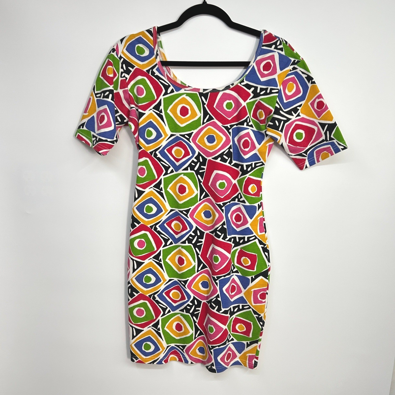 Vintage 90s Geometric Bodycon Mini Dress S Multicolor Retro Eclectic Art Deco