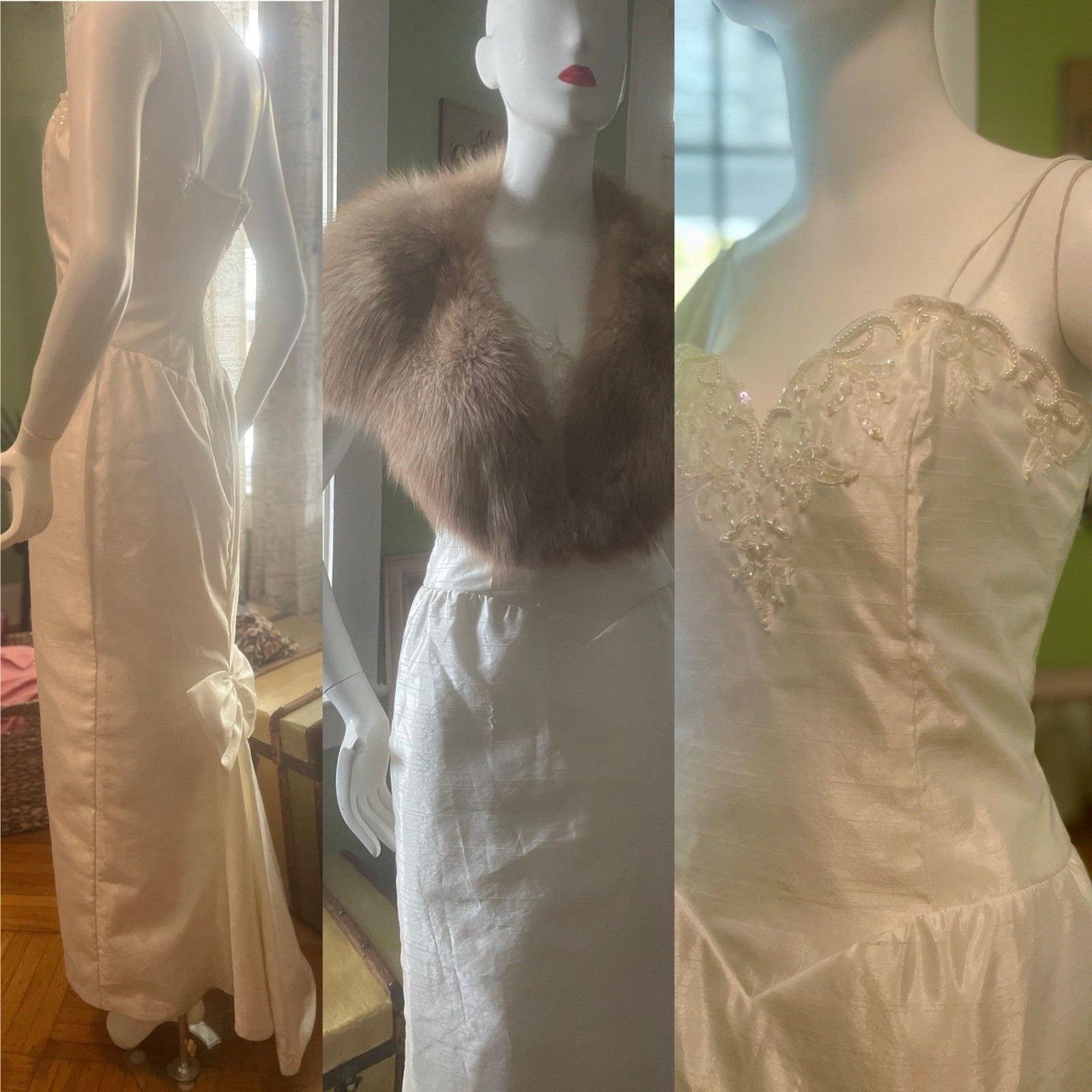 Vtg Beaded Fitted Column Slip Dress w Back Bow & Fishtail 38-30-40 Wedding Gown