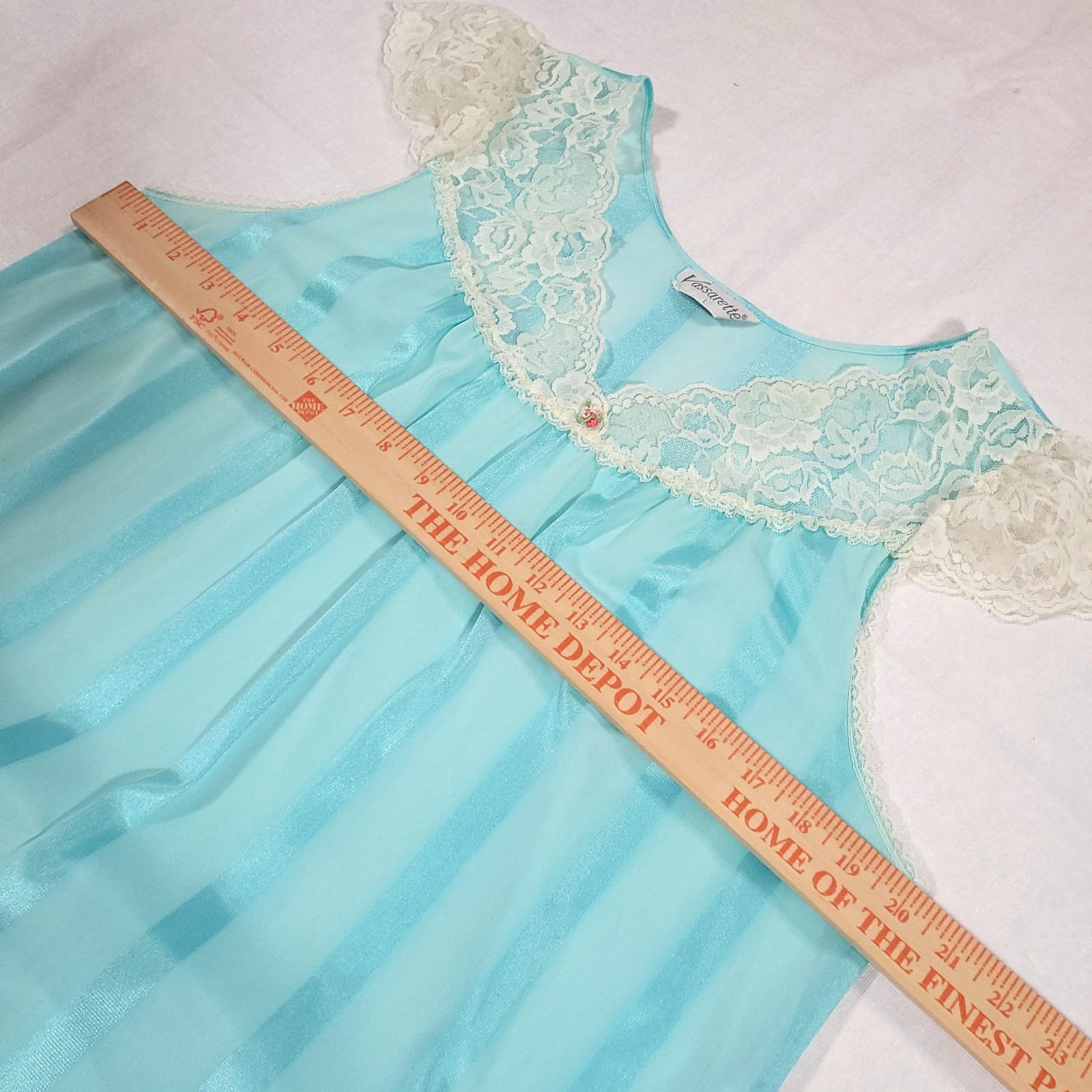 Vassarette Vtg Midi Satin Nightgown L Blue Monochrome Stripe Lace Cap Sleeve Fem