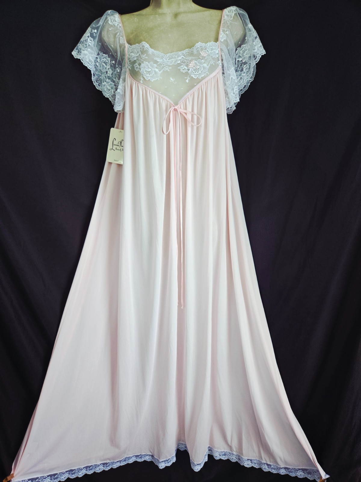 Vtg 60s Lucie Ann Beverly Hills Pink Long Nylon Nightgown White Lace Tulip NWT M
