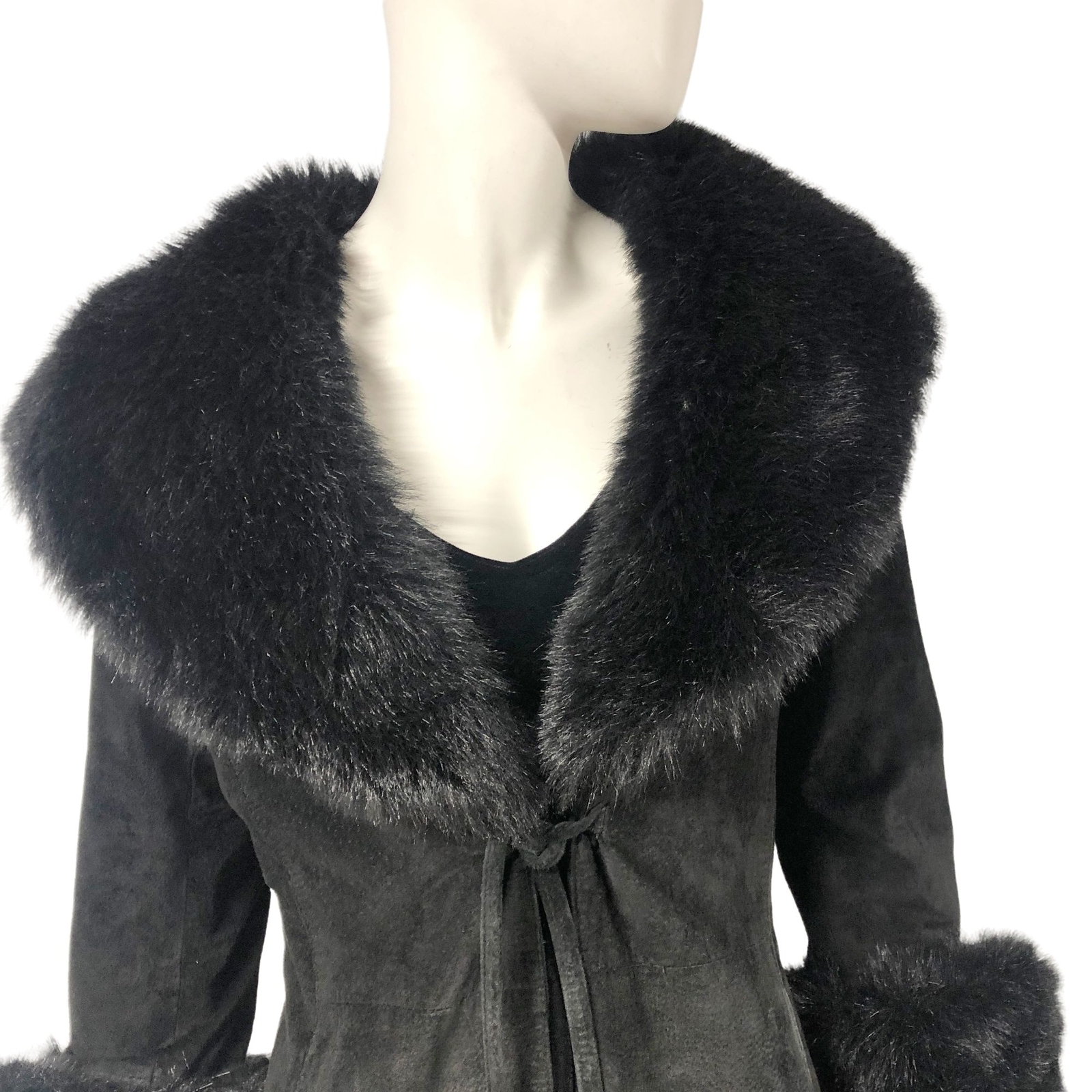Vintage Y2K 2000s Express Black Suede Faux fur Long Coat Duster Size 5/6