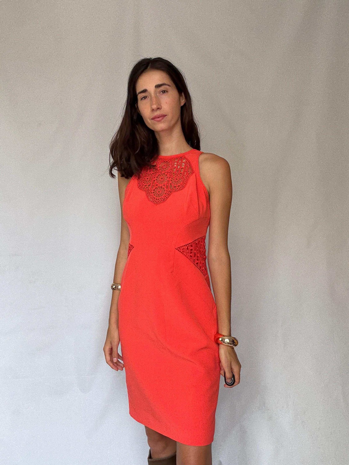 Karen Millen coral lace panel bodycon, EU40,Luxury designer clothing,