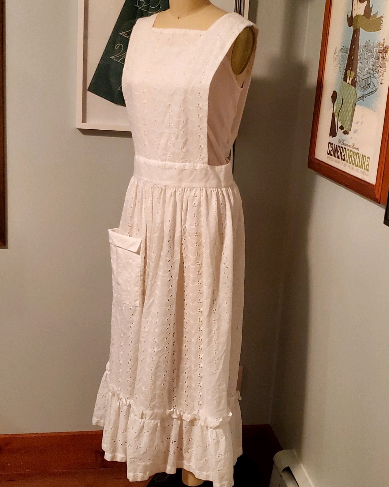 Vintage Home-made White Cotton Eyelet Pinafore Dress/Ankle Length Apron