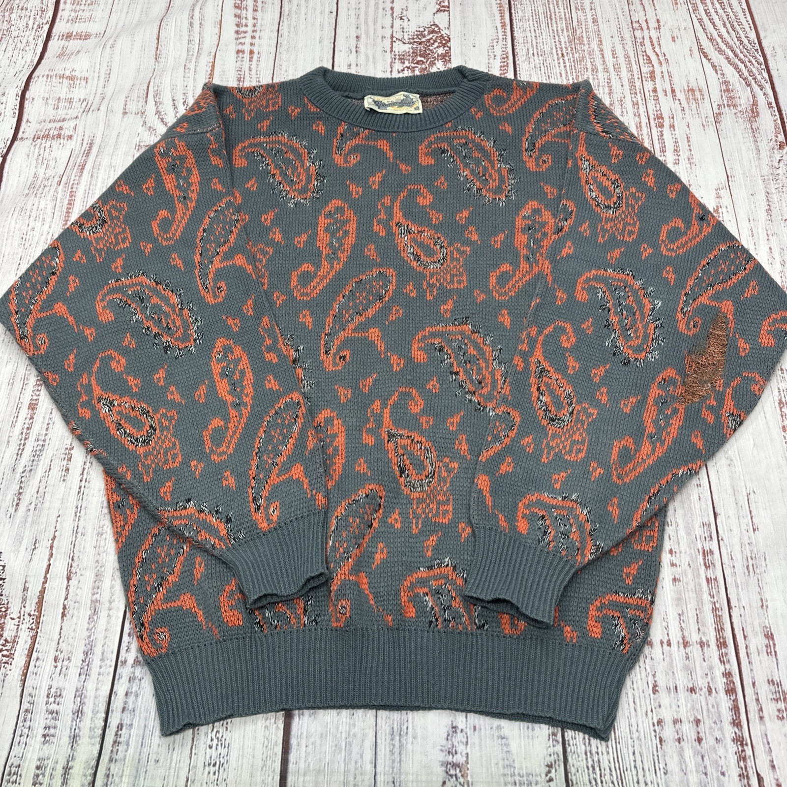 Vintage 90&rsquo;s Bonjour International Sweater Unisex Large Gray/Orange Made in USA