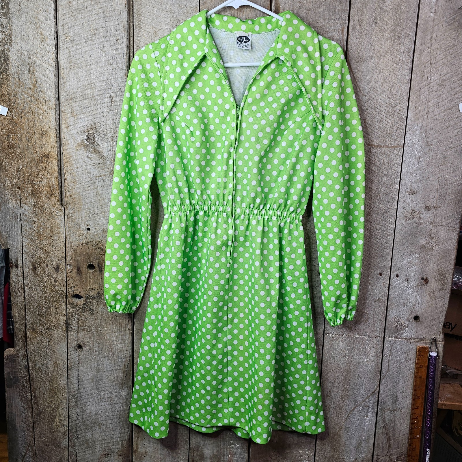 Vintage 1970s Green White Polka Dot Mod Dress ILGWU USA Double Knit Women&rsquo;s