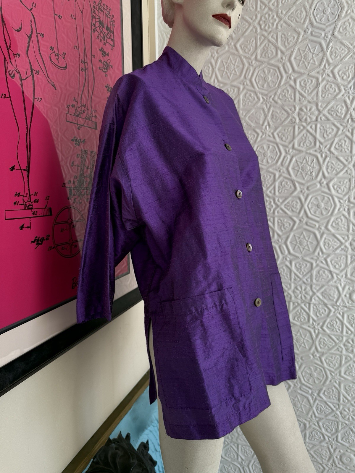 Vintage 1990s silk blouse purple mandarin collar minimalist art to wear Gerties