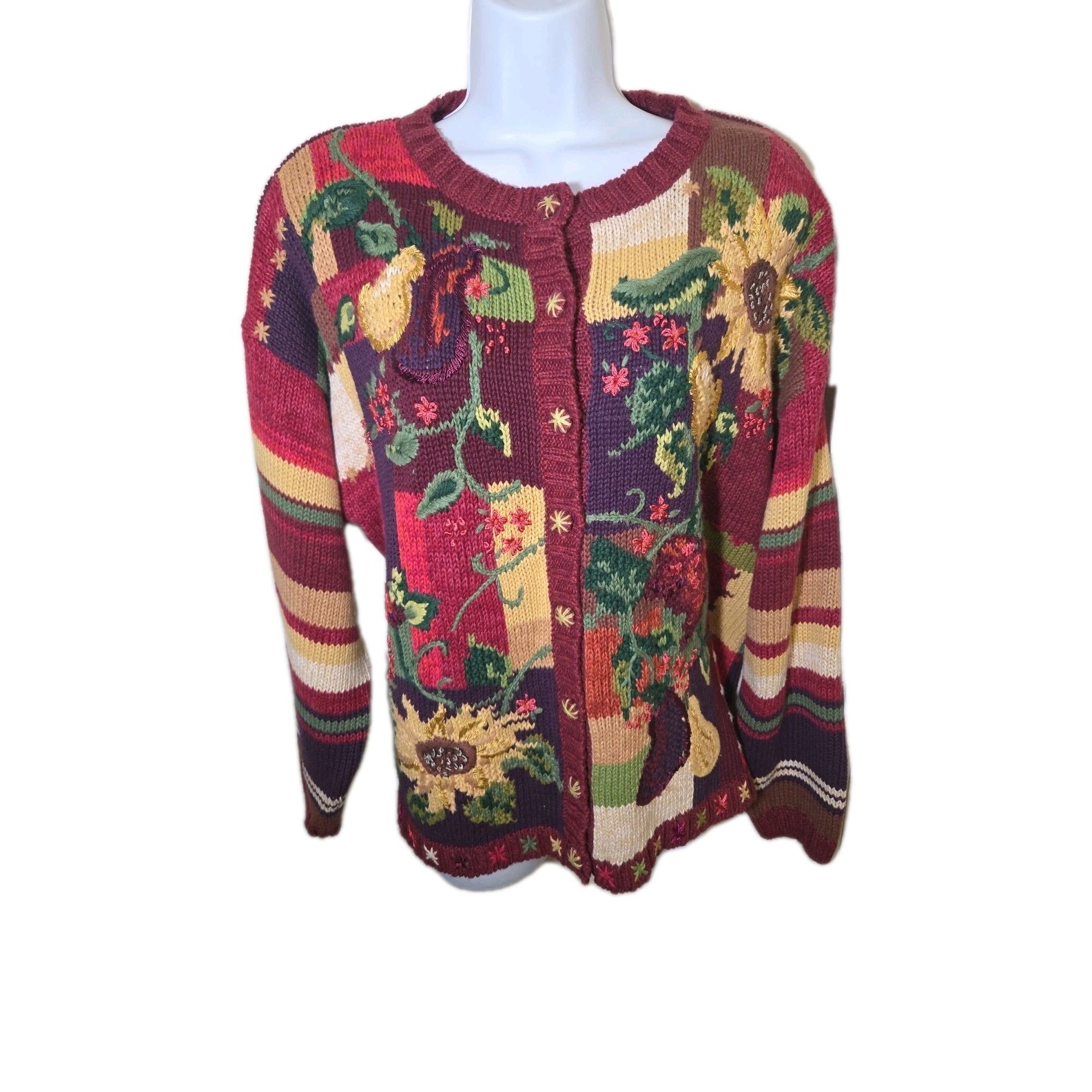 Vintage 2001 Tiara International Chunky Knit Cardigan Sweater Sunflower Fruit XL