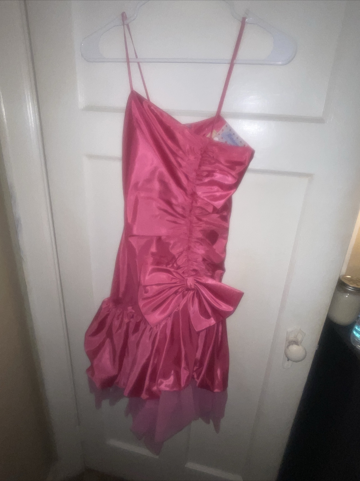 Vtg Spaghetti Strap RUFFLED MINI Pink PROM Dress FLIRTATIONS ALFRED ANGELO 3/4
