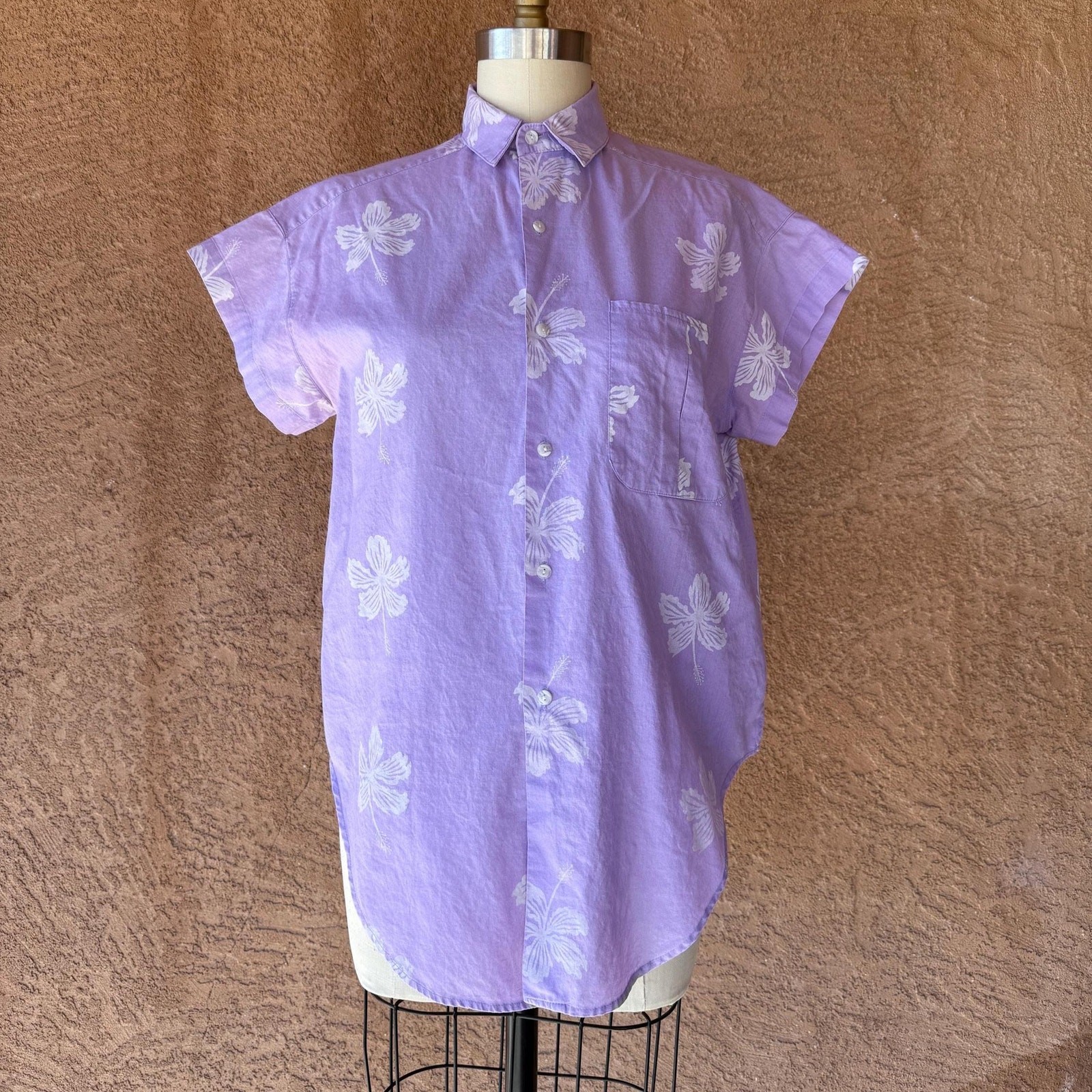Vintage 90s Hawaiian Shirt Small Lavender Cotton Hibiscus Floral Button Front