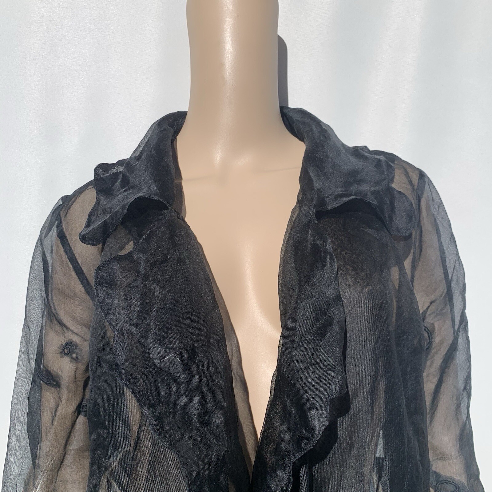 Repaired Vintage Designer Elan Vitale Avant Garde Sheer Black Rayon Duster Coat