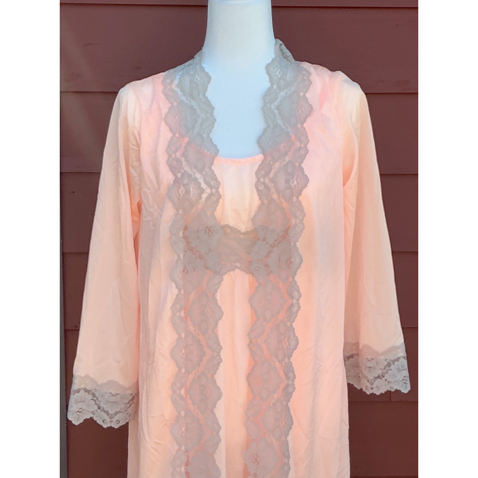 Undercover Wear Peignoir Set Wms S Petite Peach Lace Trim Vintage 70s Romantic