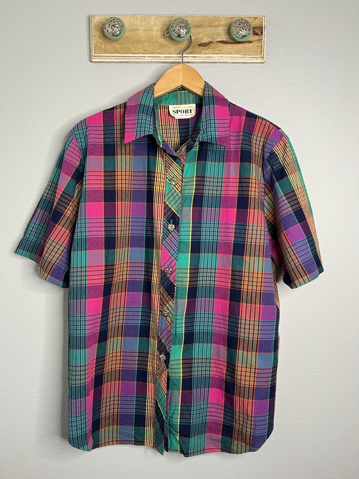 VTG Sunny Sport Women&rsquo;s Colorful Plaid Short Sleeve Button Up Shirt Size 10