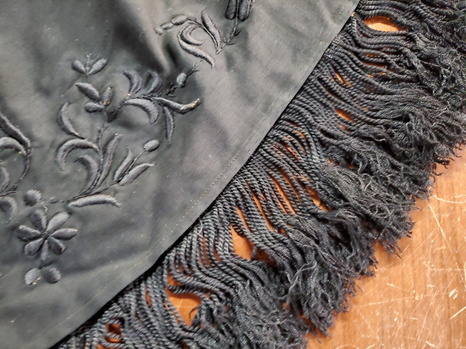 Antique Victorian Mourning Shawl Cape, Embroidered Black with Fringe, Lined