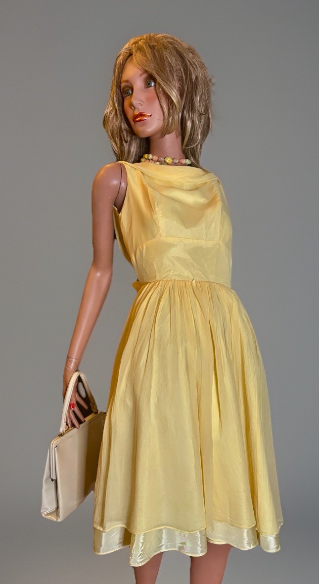 MCM Yellow Chiffon Mod Party Cocktail Dress Fitted Empire Waist/Full Skirt/Bow S