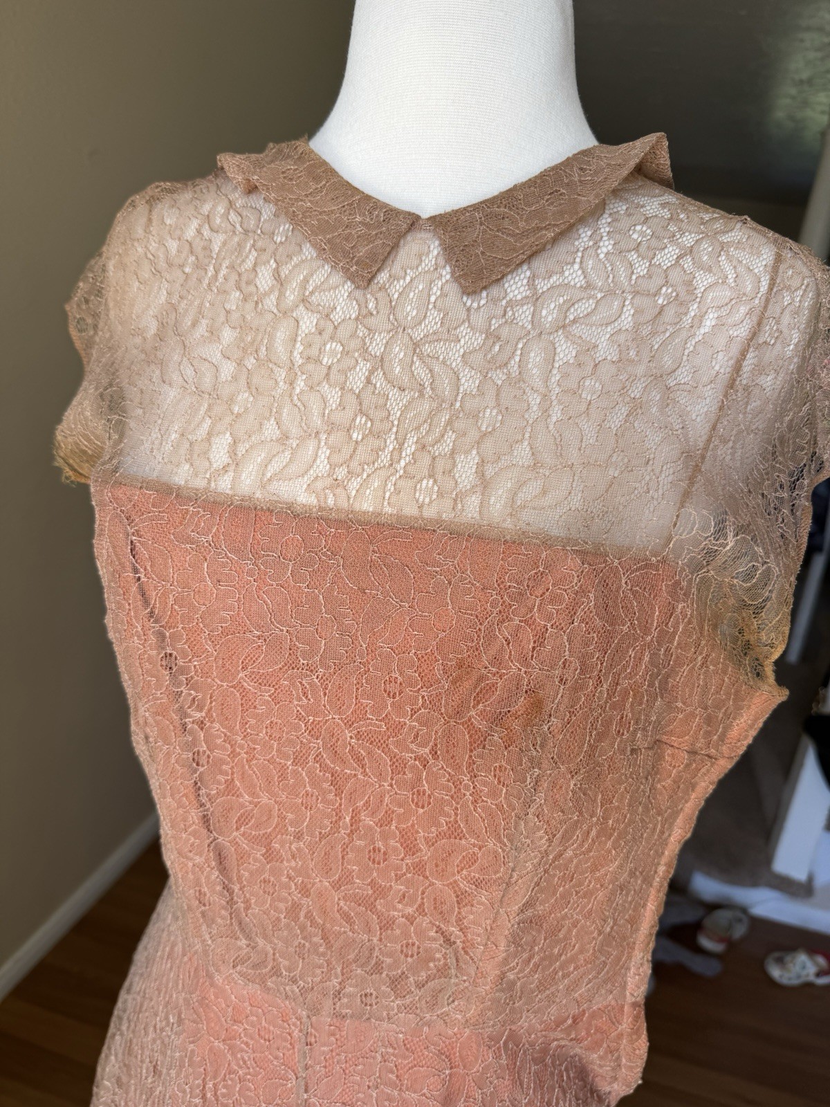 Vintage 40’s Ceil Chapman Lace Gown Peach Brown Copper 24” Waist Midi Sz 4