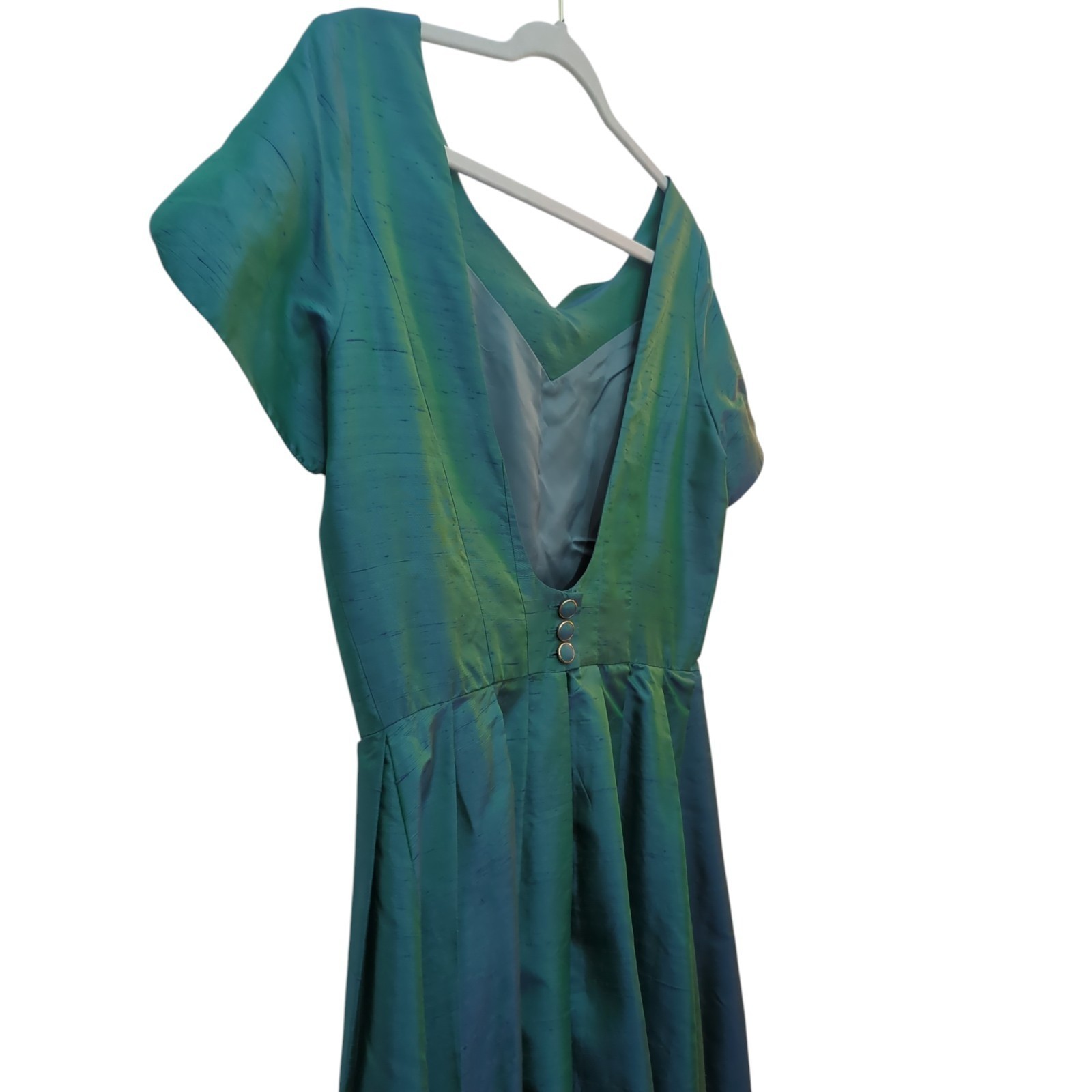 VINTAGE LAURA ASHLEY 100% SILK DUPIONI Iridescent Peacock Fit &Flare Dress US 12